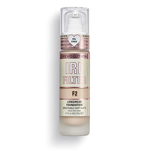 Makeup Revolution, IRL Filter, Fondotinta Longwear, Copertura da media a totale, Finitura opaca, Durata 16 ore, F2, Toni della pelle da chiari a medio chiari, 23ml
