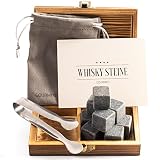 GOURMEO 9 Whisky Stones in pietra basalto naturale - Pietre Sostitutive del Ghiaccio per Whisky - Cubetti Ghiaccio di Pietra Refrigeranti + Scatola in Legno per Kit Regalo