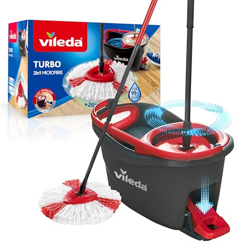 Vileda Turbo Mop Easy Wring & Clean con Secchio a Pedale, Manico Telescopico 85-130 cm