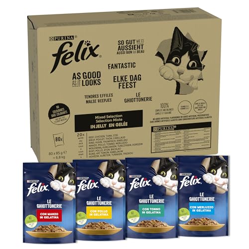 FELIX Le Ghiottonerie Cibo Umido per Gatti Adulti Mix in Gelatina con Manzo, Pollo, Merluzzo e Tonno 80 Buste da 85g