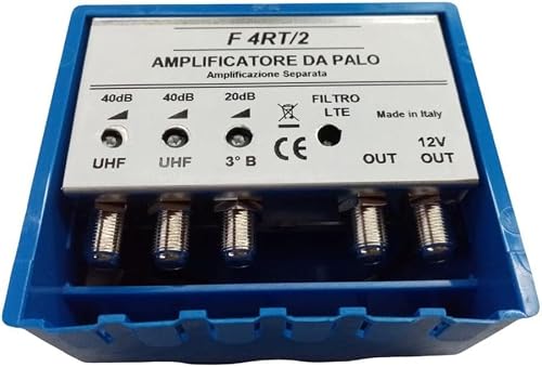 Vsnetwork Amplificatore Antenna TV da Palo con Filtro Lte/5G, Guadagno Massimo 40Db Regolabile, 2 Uscite, 2 Ingressi Uhf +1 Vhf, Bande separate